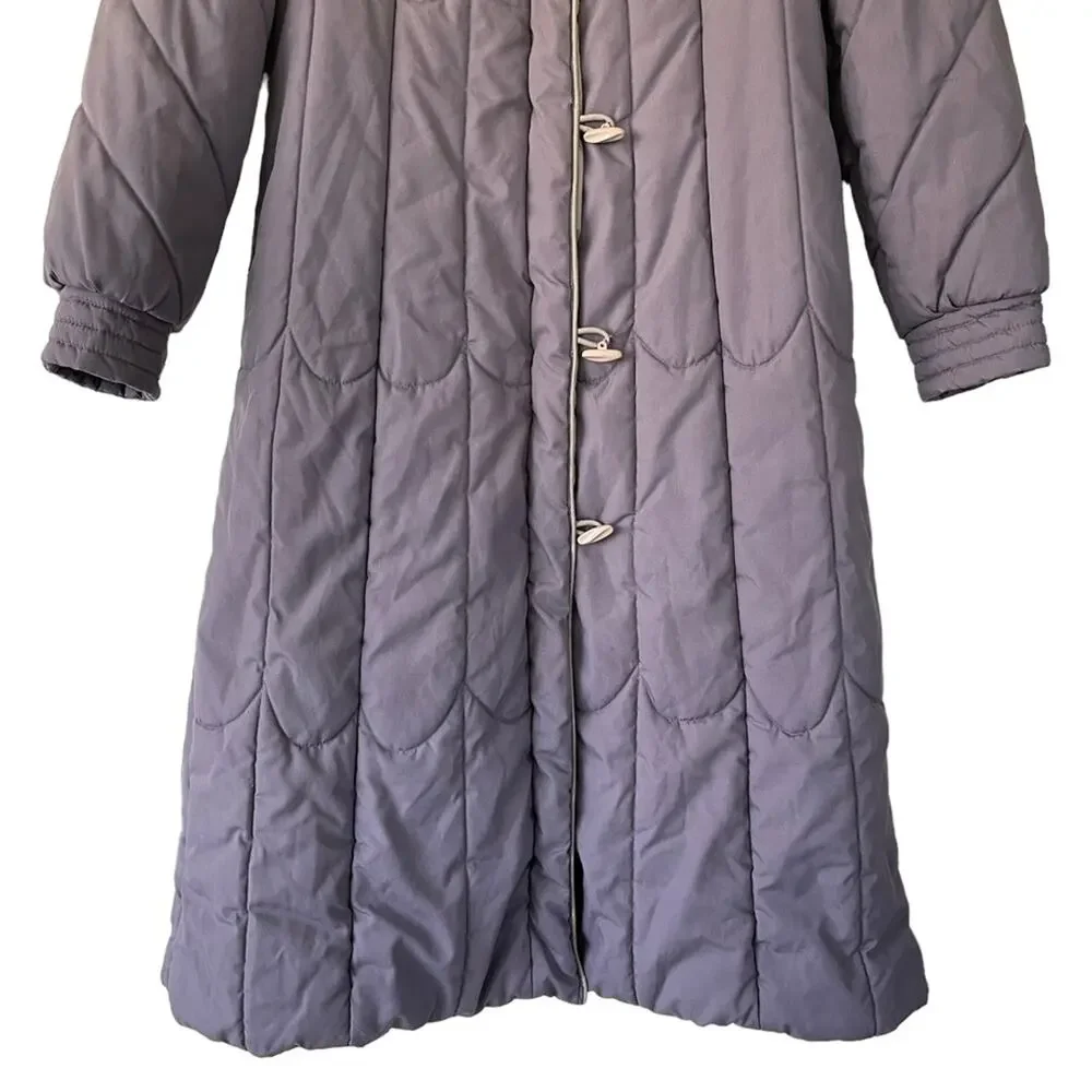 Vintage 80s Purple Puffer Jacket Long Coat Toggle Buttons Stranger Things 7/8